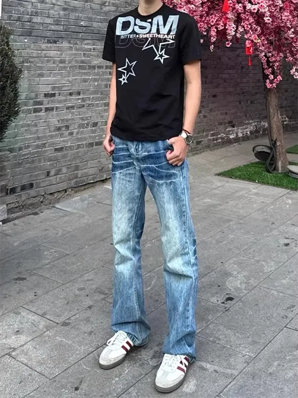 

Cleanfit Men's Slim Fit Jeans American High Street Vibe Lightning Pattern Straight Leg Wear Resistant Casual Straight Cut Jeans