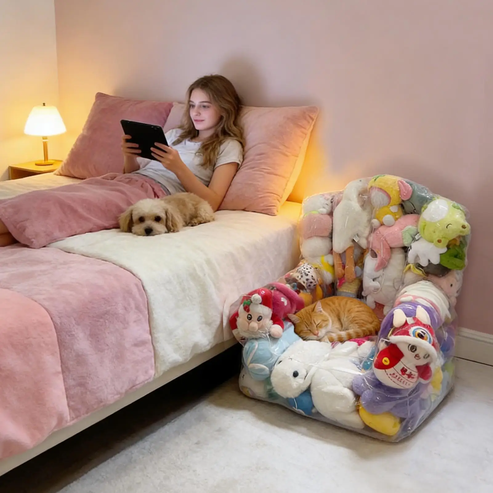 1PC Stuffed Animal Storage Chair Cover Transparent PVC Plush Toy Organizer Bean Bag Seat Cover Large Capacity Kids Room Furnitu