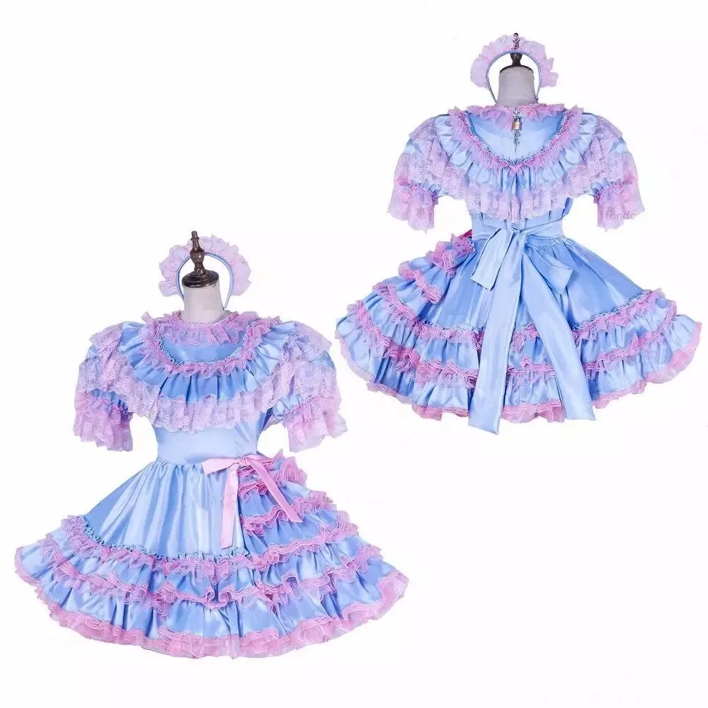 Sexy Sissy Französisches Dienstmädchen aus blauem Satin, abschließbar, mehrschichtiges Kleid mit Rüschenkante, Dienstmädchen-Cosplay-Kostüm, anpassbar
