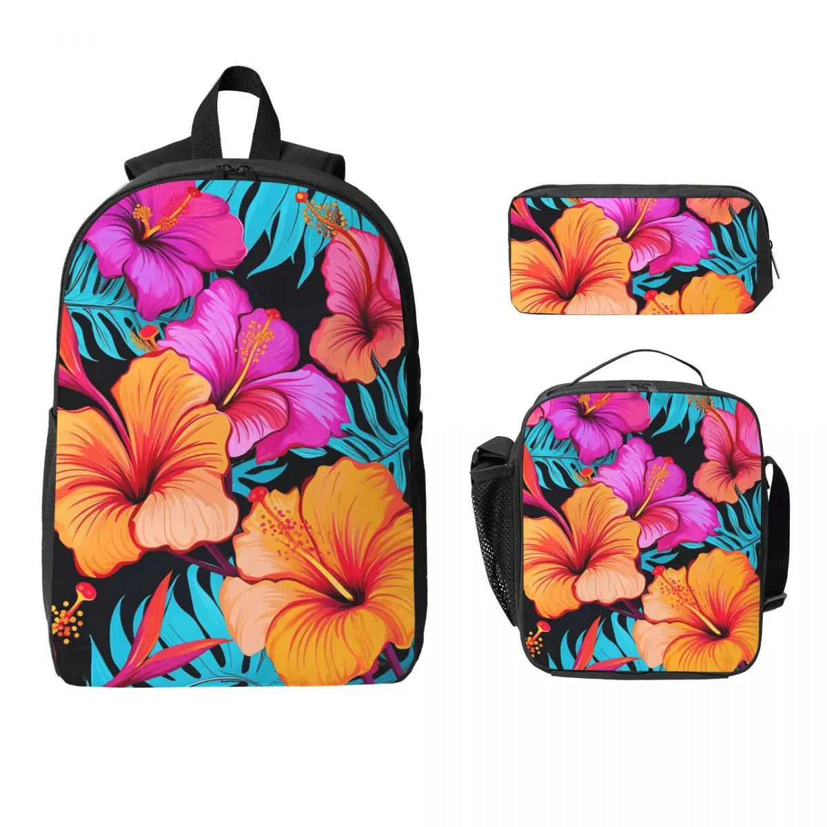 Hibiscus Floral Designs Florals-Vibrant Backpack Boys Girls BookBag School Bag Shoulder Bags 3ps Insulated Lunch Bag Pencil Case