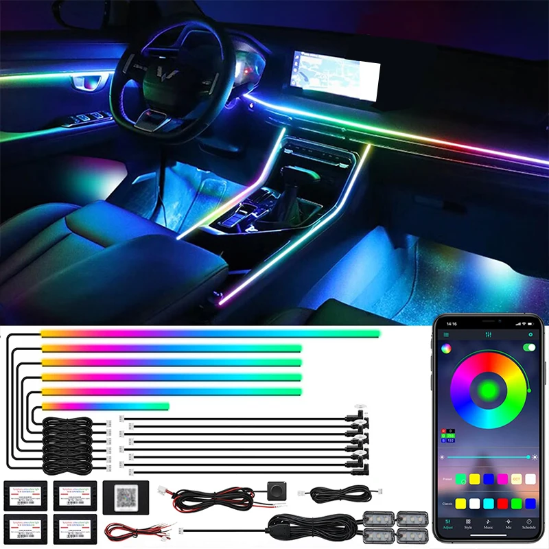 

64 RGB симфония Автомобильные светодиодные лампы, акриловые радужные универсальные неоновые лампы для салона автомобиля, атмосферные разноцветные светильники