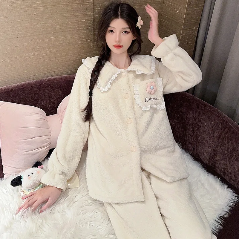 سميكة المرجان بيجامة من الصوف مجموعة المرأة الشتاء أفخم الفانيلا ملابس المنزل الكورية الحلو ملابس خاصة لينة الفانيلا سترة Pjs