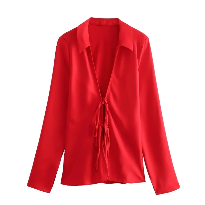 Camisa feminina de alta versão 2025 nova gola virada para baixo oco para fora feminina magro de manga comprida arco decorado seda cetim textura camisa