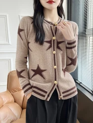 100% Pure Wool Cardigans Women's O-Neck Stripe Knitted Coat Fashion Jacquard Loose Large Size Sweater Autumn New Female Jacket