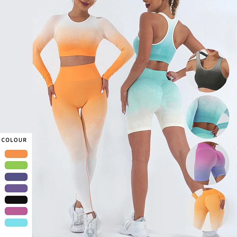 5Colors Sportswear Suit Short Running Femmes Suits Gradual Change Short Leggings Compression Pants Women's Fitness Wear Set