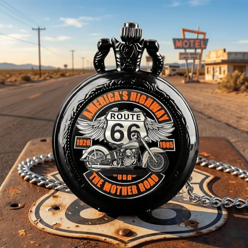 

Retro Cool Motorbike Route 66 American The Mother Road Quartz Pocket Watch Necklace Pendant Clock Gift for Men Women Kids reloj