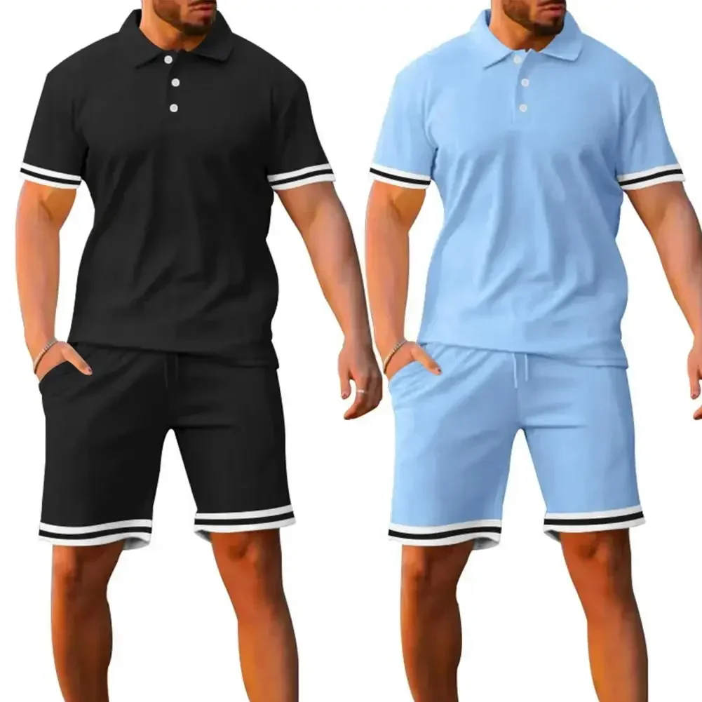 Men's 2-Piece Tracksuit Set Solid Color Summer Lapel Neck Short Sleeve Polo Shirt And Shorts Sports Casual Ropa Para Hombre