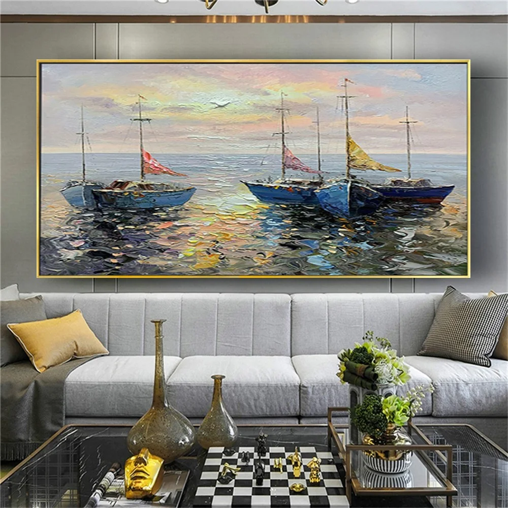 

Abstract Knife Sea Boat landscape picture Handmade Oil Painting On Canvas Large Size Wall art Paintings Decor Living Room porch