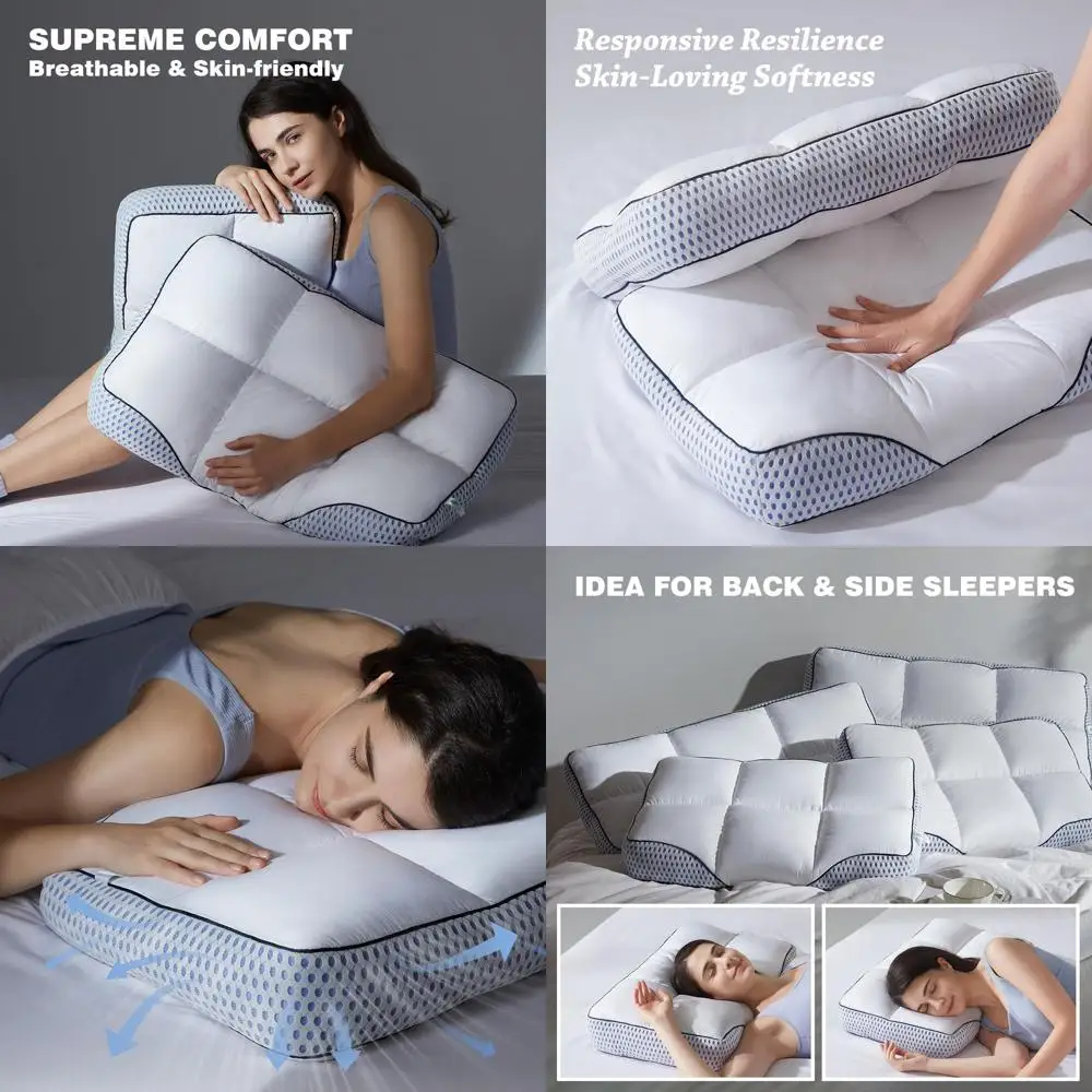 

Эргономичные подушки из пены с эффектом памяти для сна на боку/спине — жесткая поддержка, облегчение боли в шее, моющиеся, с охлаждающей сеткой, размер Queen (2 шт.)