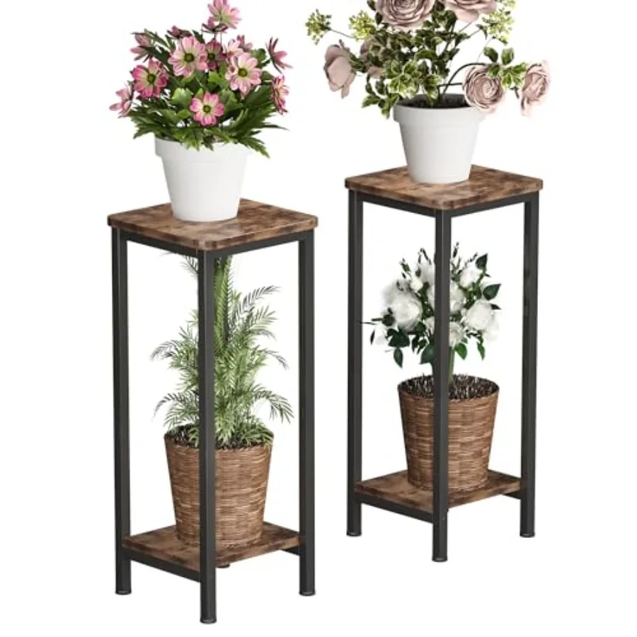 

2-Pack Plant Stand Indoor: Wood, Rustic Brown, 2-Tier Modern Square Corner Shelf for Living Room, Patio, Balcony, Garden