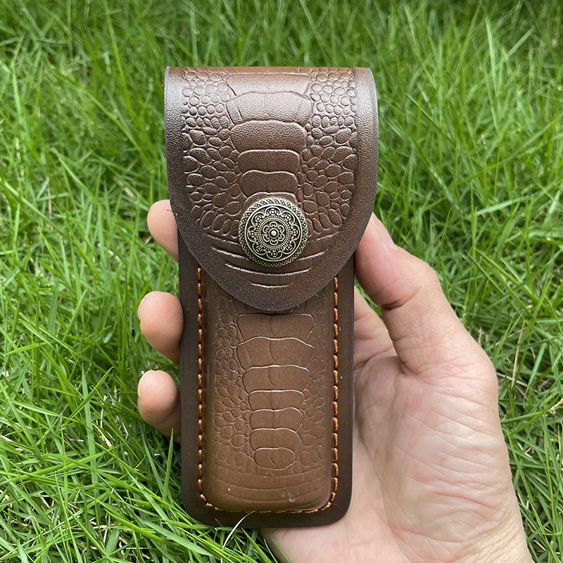 15 CM Foling Knife Holder Embossed Cowhide Scabbard Pocket Knife Cover Leather Sheath Case Camping Knife Holsters Belt Buckle