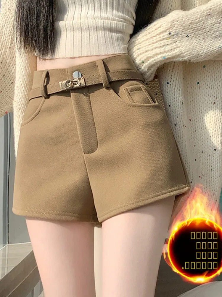 Calças Casuais de Cintura Alta em Tweed para Mulheres, Outono/Inverno, Calças de Corte Largura A, Estilo Moderno para o Dia a Dia