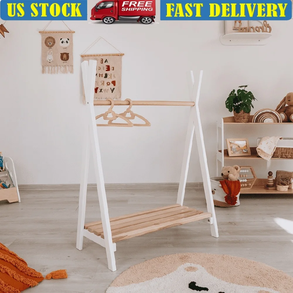 

Montessori Teepee Clothes Rack Kids Portable Wooden Storage Organizer Toddler Hanging Clothing and Accessories Stand