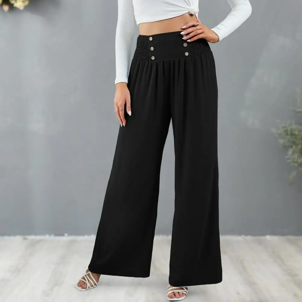 

Women Pants Elastic Waist Wide Leg Loose Pleated Solid Color Button Decor Full Length Soft Deep High Waist Lady Long Trousers