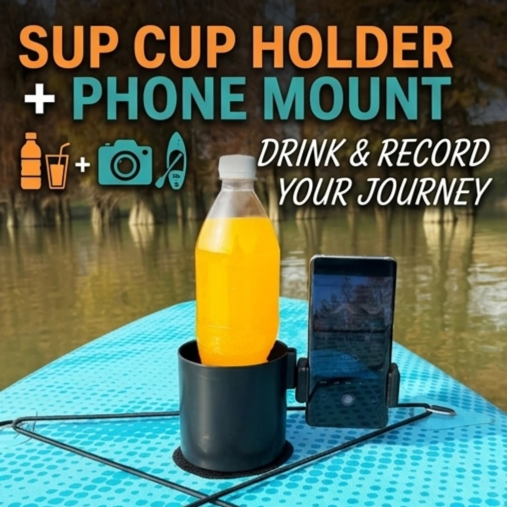 

Adjustable Paddle Board Cup Holder with Phone Mount 2 in 1 Universal Water Bottle Rack for Kayak Canoe Boat Magic Tape Easy
