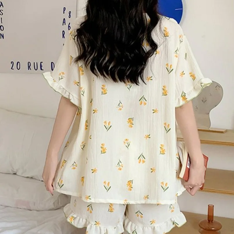 Pajama Sets Women Summer Sweet Girls Lovely Ruffles Bow Printed Designed Korean Style M-4XL Comfortable V-neck Lace Patchwork