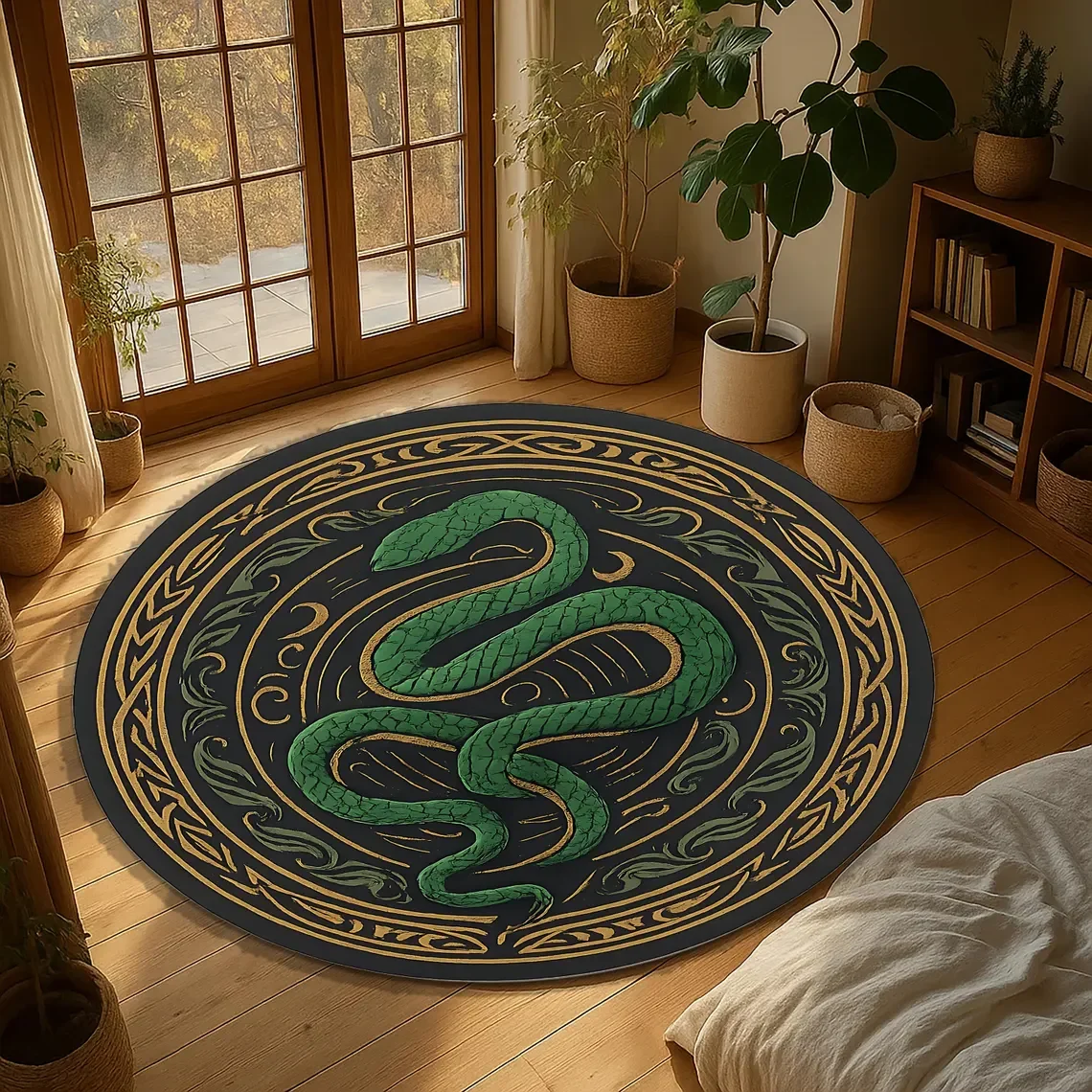 Serpent Witchcore Rug Occult Crescent Symbols, Round Pagan Carpet for Ritual Space or Dark Boho Decor, Spiritual Snake Mat