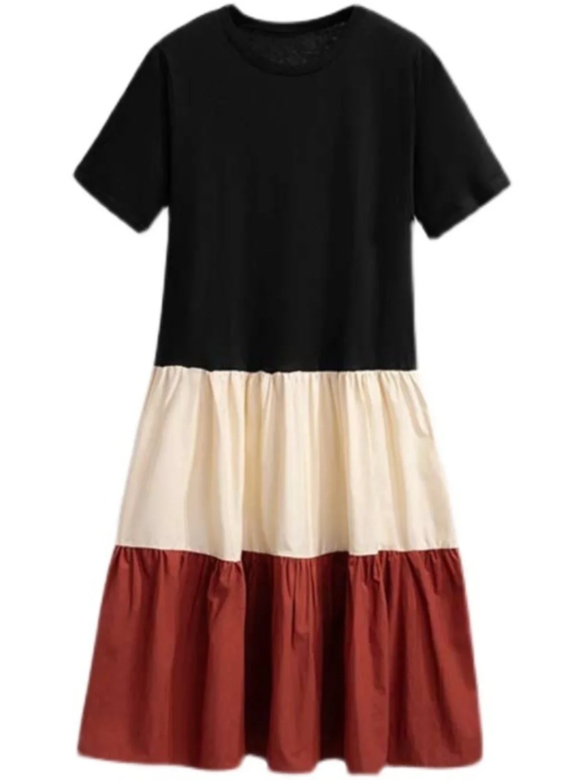 2025 Women Summer New Contrast Color Loose Dress Female Long Casual T-shirt Dresses Ladies Short-sleeved A-line Vestidos Q342