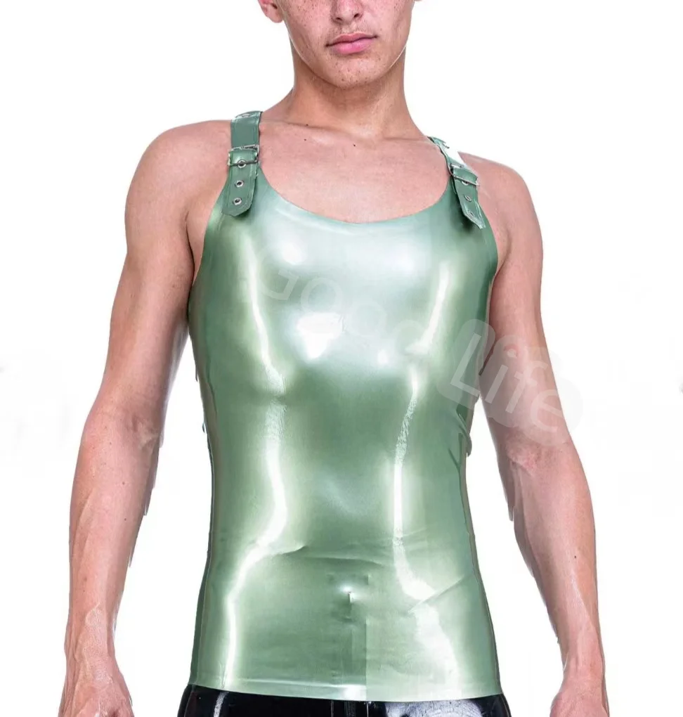 

Handmade Sexy Natural Latex Sleeveless Shirt Single Buckle Latex Vest Top for Men Wear Rubber Latex Classic Top