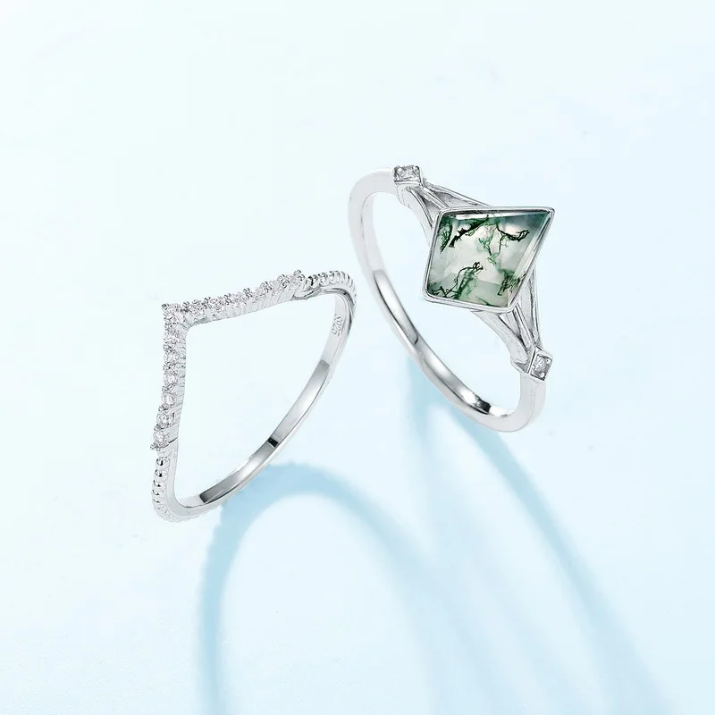 Hot collection stacked geometric water grass agate ring S925 silver natural green moss stone combination ring