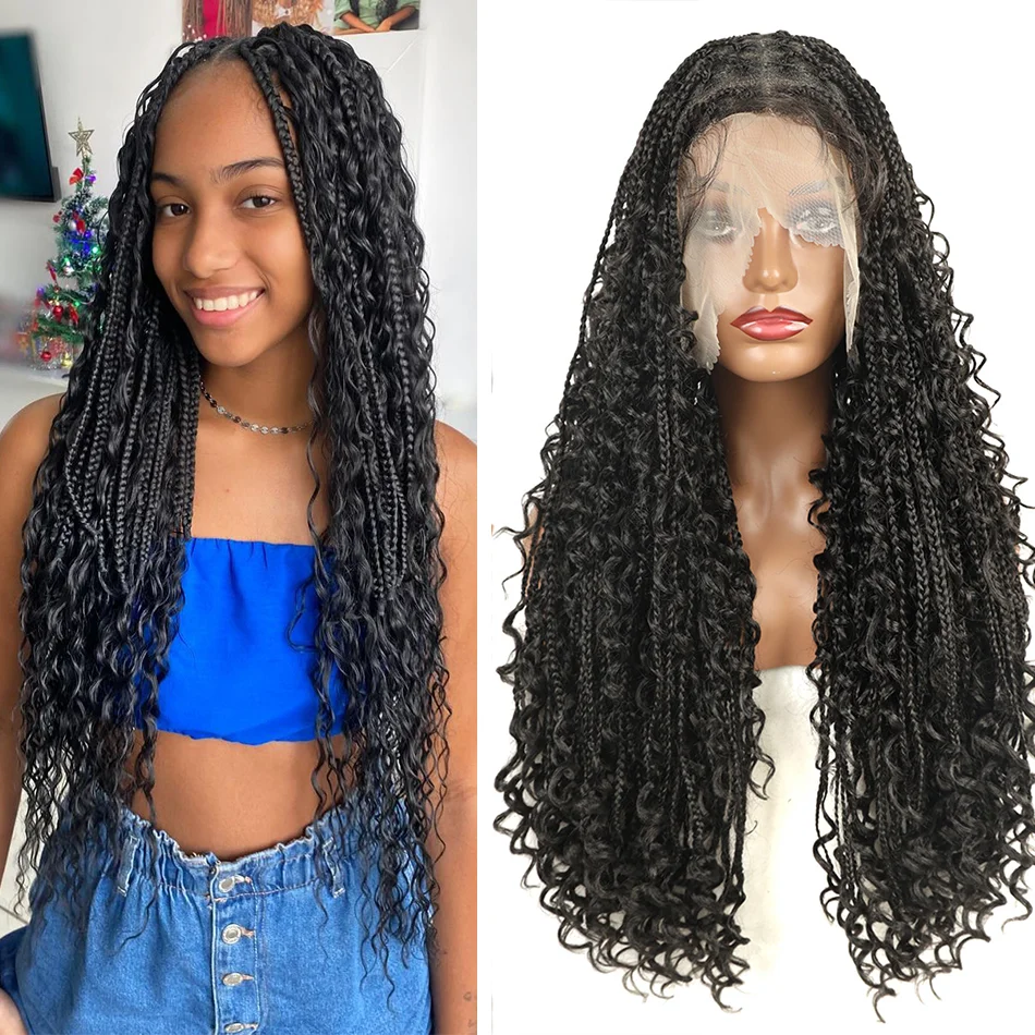 

32Inch Long Synthetic Full Lace Braid Wig Fox Lock Headband Fake Hair Dirty Braiding Wig Knotless Box Braids Wig For Black Women