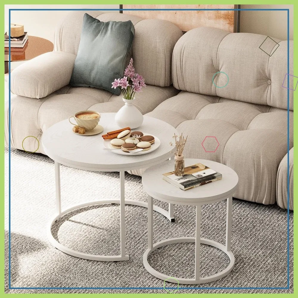 

Round Nesting Coffee Table Set of 2, Wooden with Metal Frame, Space-Saving Side Tables for Living Room Bedroom, White