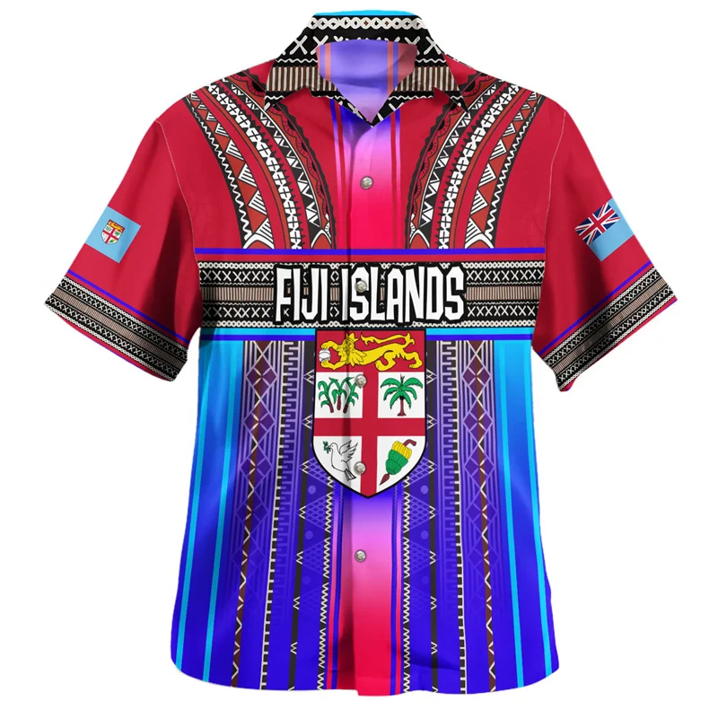 Camisa havaiana com estampa 3D masculina, camisa com emblema da bandeira, brasão de Fiji, blusa gráfica, manga curta, roupas da moda, BULA FIJA, verão