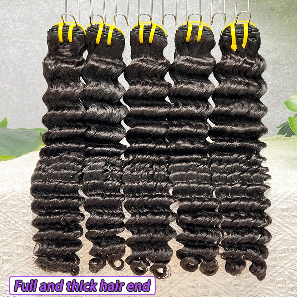 Глубокие волны, пучки человеческих волос, двойные утки, наращивание волос, натуральный черный цвет, 100% необработанные девственные волосы, оптовая продажа, предложения на пучок