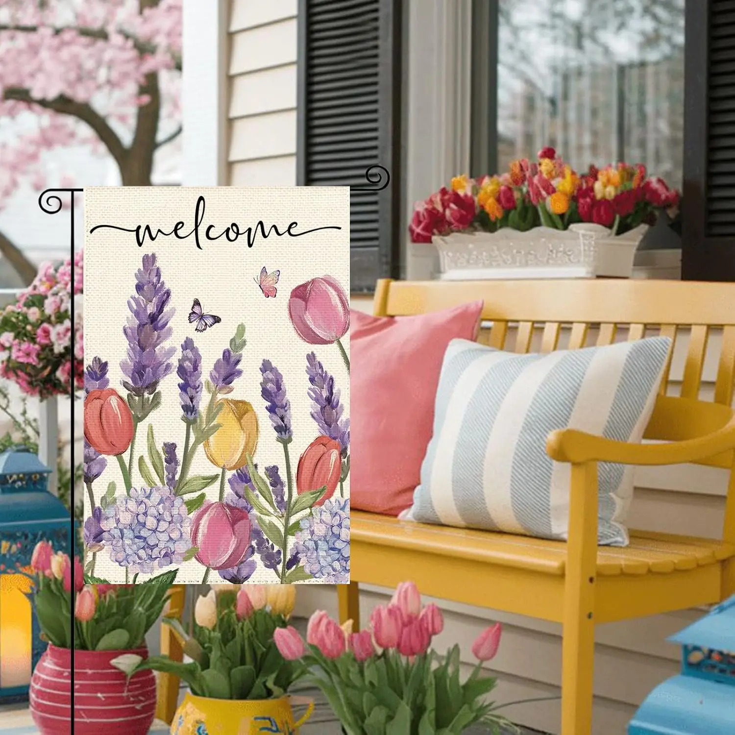 Spring Summer Tulips Hydrangeas Welcome Garden Flag 12 x 18 Inch Double Sided, Lavender Floral Butterflies Burlap Small Yard ZZM