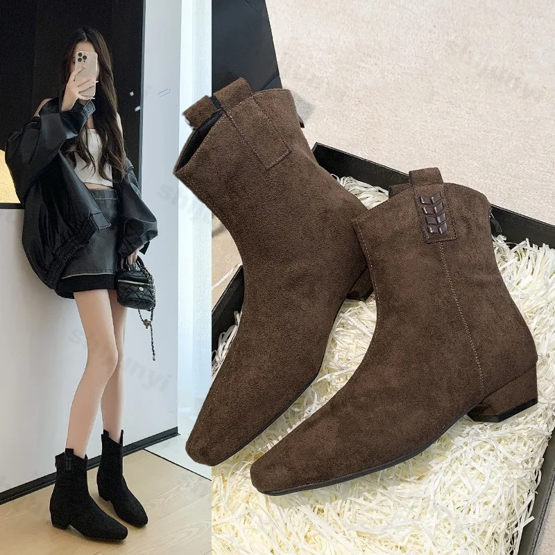 

Женские ботильоны, осень 2023, новые замшевые ботинки с квадратным носком, нескользящая молния сзади, модные французские ботинки на высоком каблуке в стиле ретро, Botas Mujer