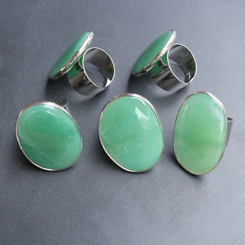 Irregular Green Aventurine Open Rings for Women Silver Color Adjustable Reiki Natural Stone Finger Ring Jewelry