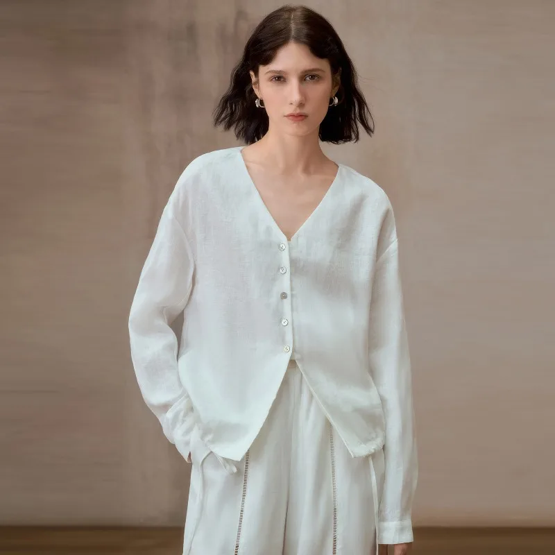 

Loose Pure 100% Linen Shirts Women White Color V-neck Button Up Long Sleeve Casual Chic Streetwear Fashion Office Lady Blouse
