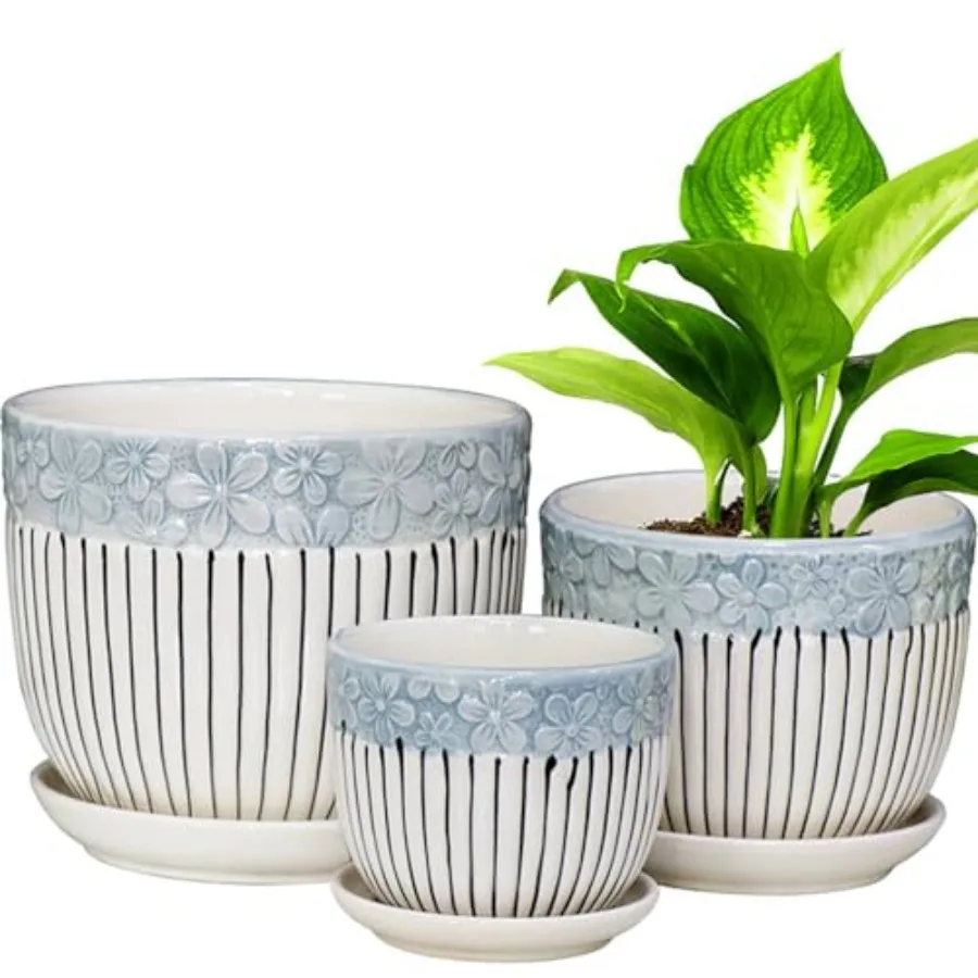 

Ceramic Plant Pots Set of 3 6.75 5.6 4.2 inch Planters with Drainage Holes and Saucer Flower Pot Outdoor Indoor Modern Drative