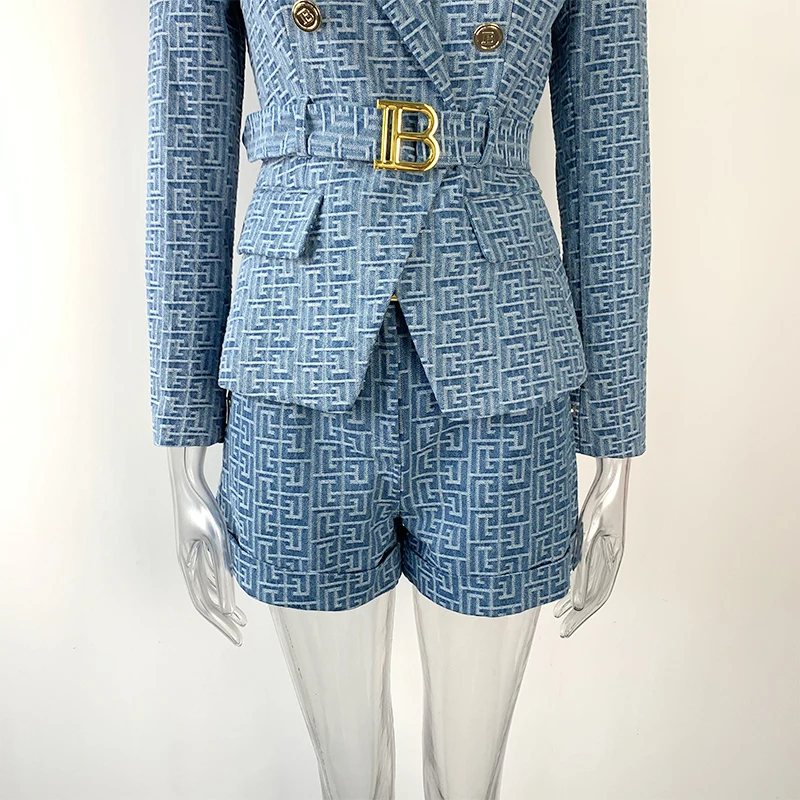 Women Clothing Matching 2 Pieces Sets Custom Luxury Geometric Pattern Washed Denim Jacquard Fabric Blue Belt Blazer Shorts Pants