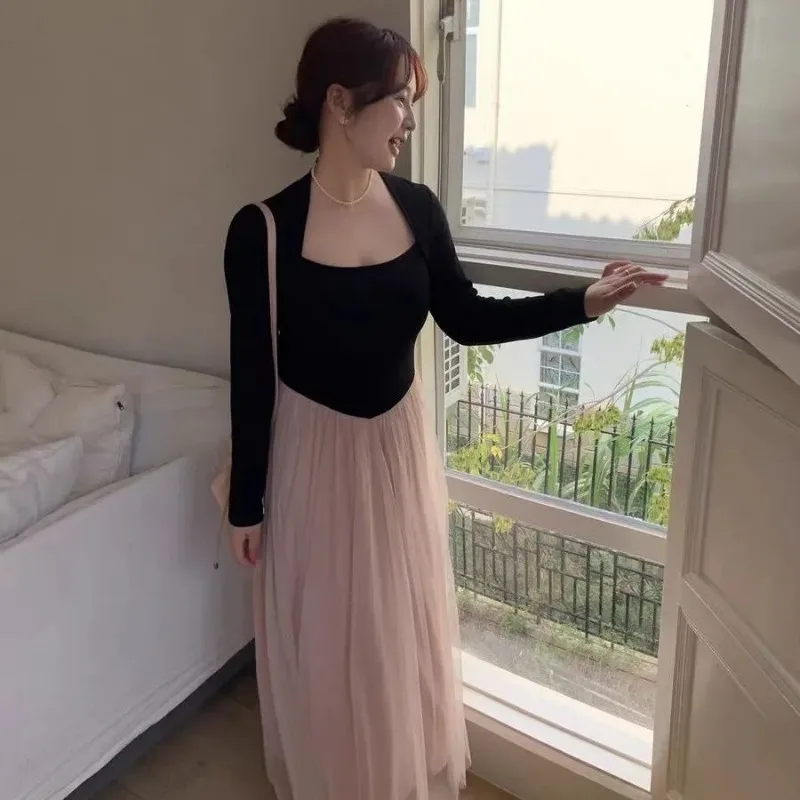 

Autumn Winter Splicing French Temperament Contrasting Color Dress Women's Winter Waistcoat Long-sleeved Temperament Long Dress