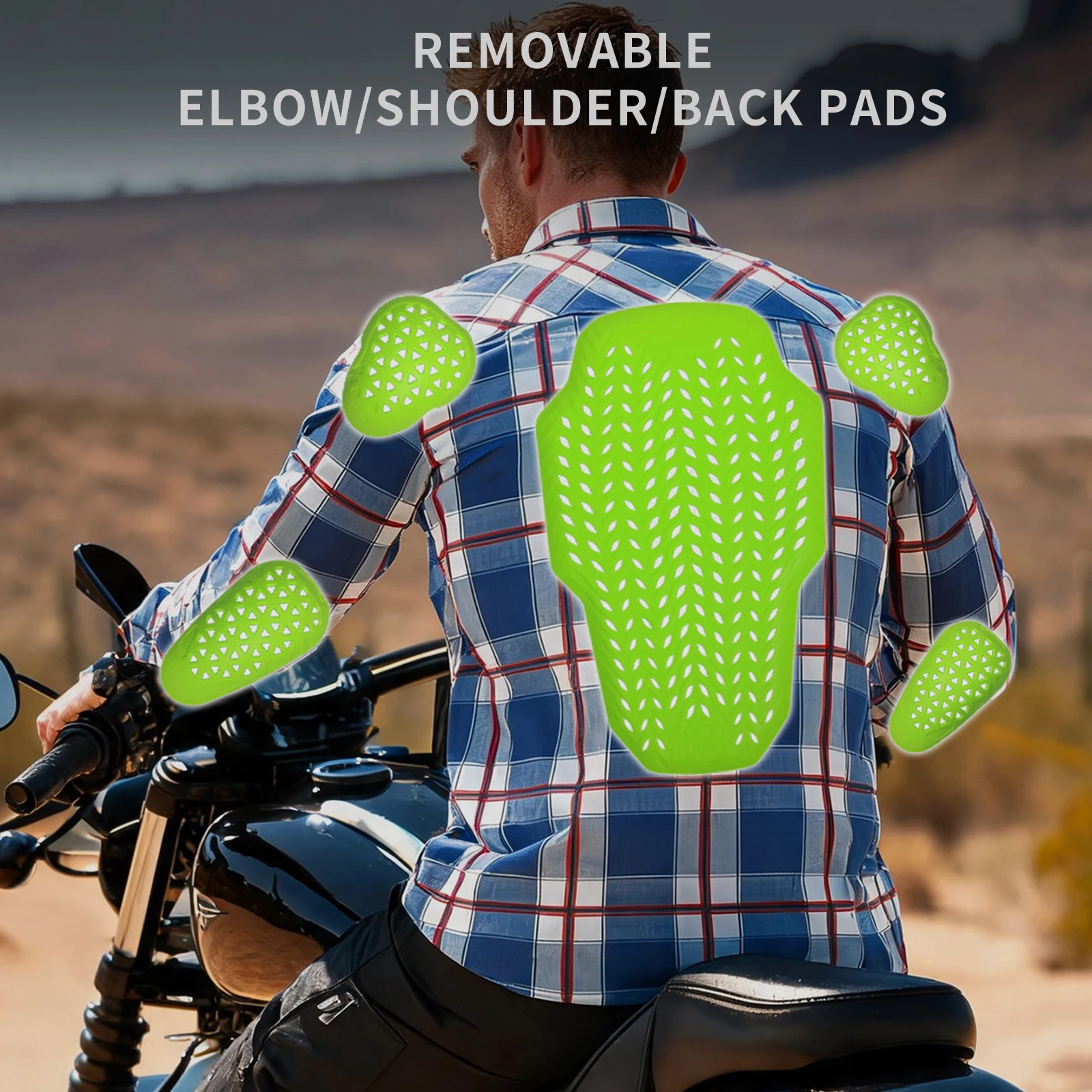 WOSAWE Motorcycle Jacket Lightweight Breathable Motorbike Checkered Shirt Multi Pocket With Back Shoulder and Elbow