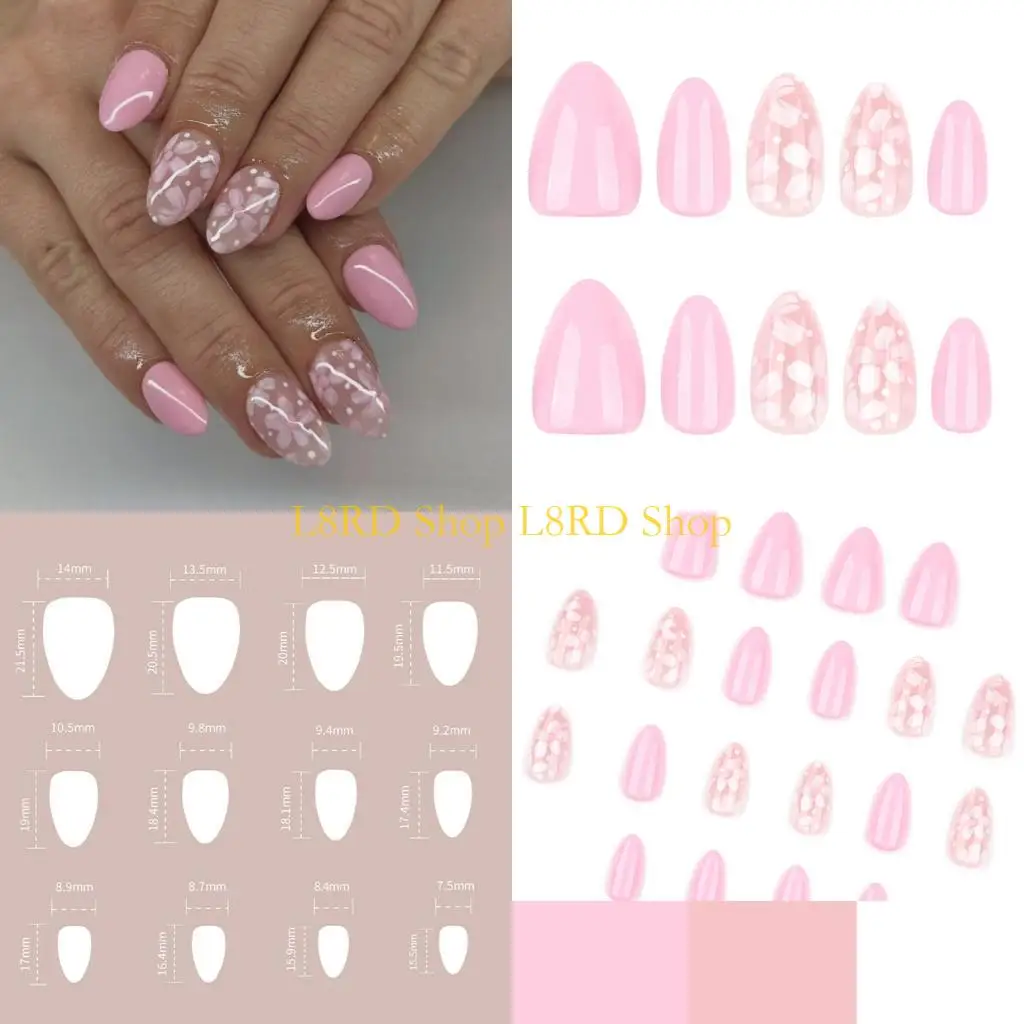 L8RD Almond Press on Fake Glossy Acrylic Artificial on for Womens 24Pcs 12Sizes Glues On