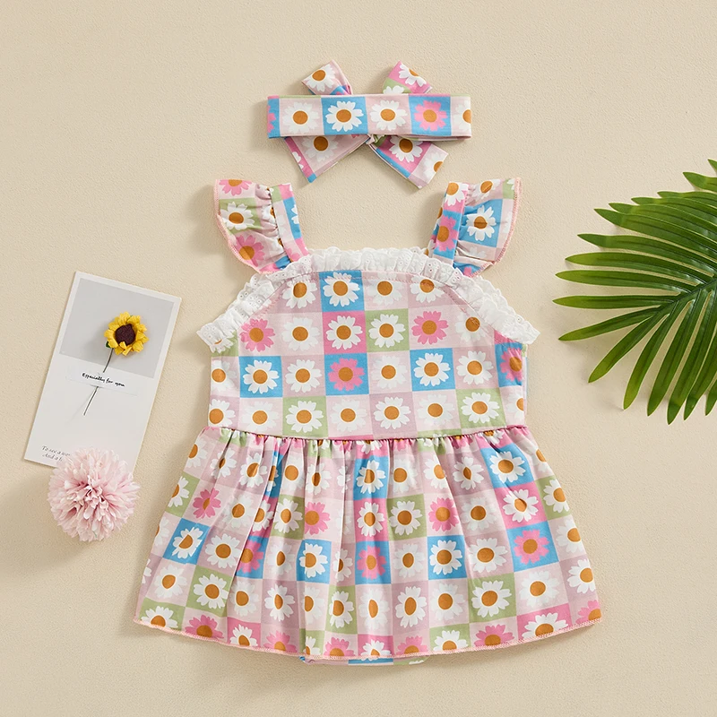 Infant Baby Girl Romper Dress Daisy Plaid Print Sleeveless Lace Trim Button Jumpsuit with Headband Outfits