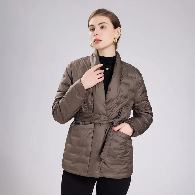 

Autumn/Winter European Women's Down Jacket Commuter Cardigan V-neck White Duck Down Jacket