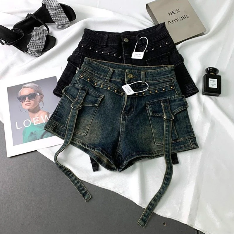 Y2K 2000S Cargo Denim Shorts Women Streetwear Vintage High Waist Shorts Jeans Summer Harajuku Korean Sexy Hot Short Pants New