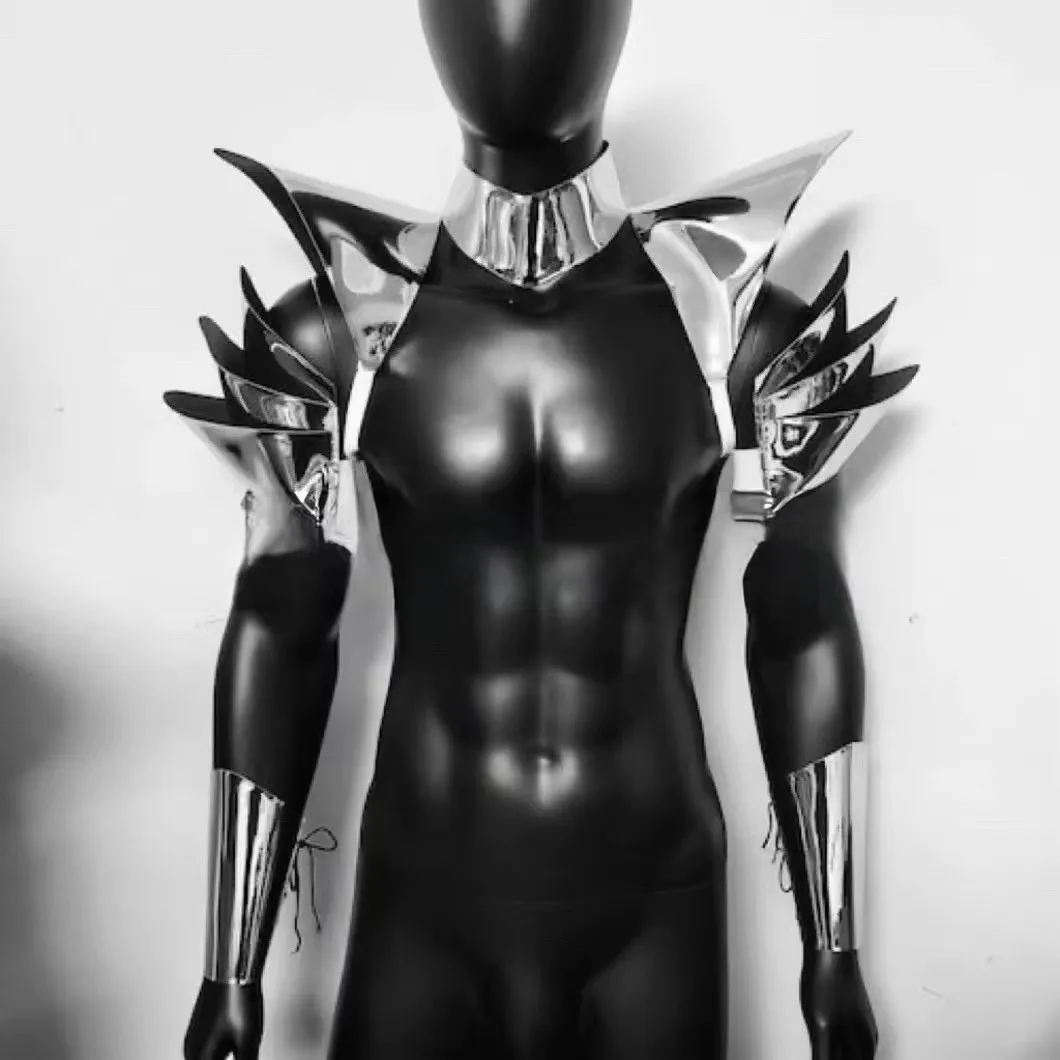 Male Anime Cosplay Gold Silver Shoulder Pads Armor Cuffs Set for Costume Party Carnival Stage Wear Gogo Dancer Show Rave Outfit