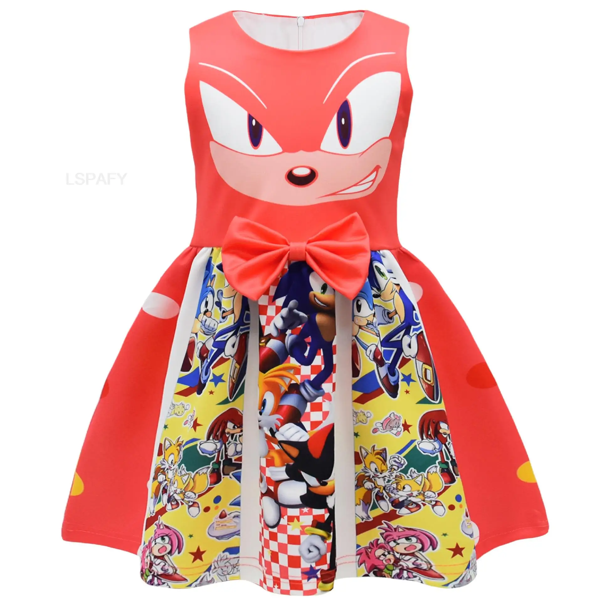 Meninas Cartoon SONIC RACING Cosplay Vestido, Vestido de Princesa Sem Mangas, Azul, Vermelho, Laço Amarelo, Christmas Carnival Party