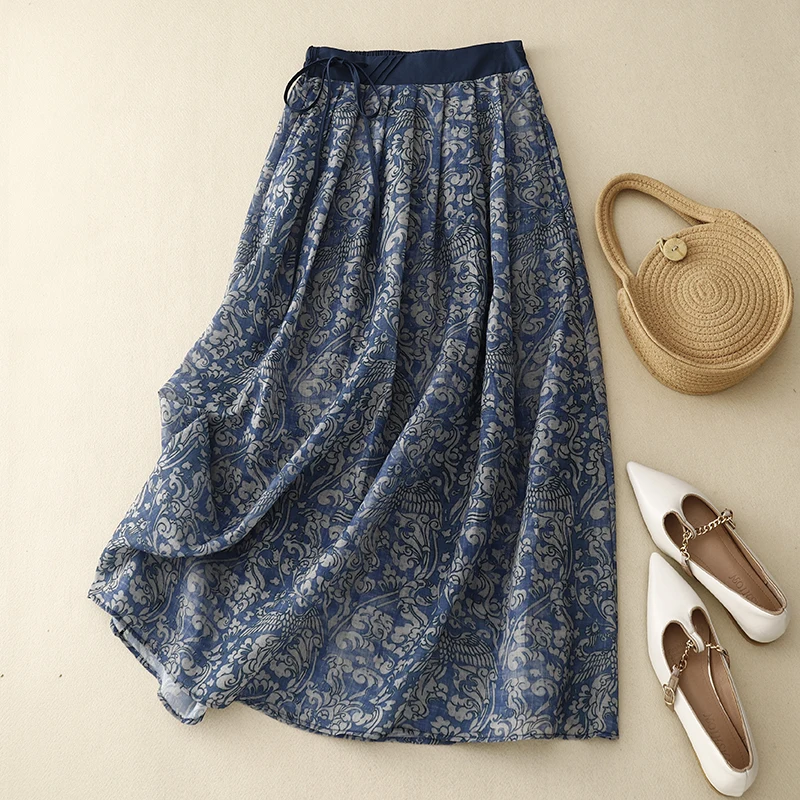 

Luxury Brand New Floral Print Midi A-Line Skirt Half-length Summer Women's Fashion Pear Shape Fit Belted Skirts Thin Fabric