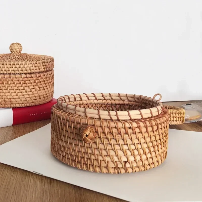 Handwoven Rattan Storage Box with Lid Wicker Tea Food Container Picnic Bread Fruit Cake Basket Kitchen Organizer B