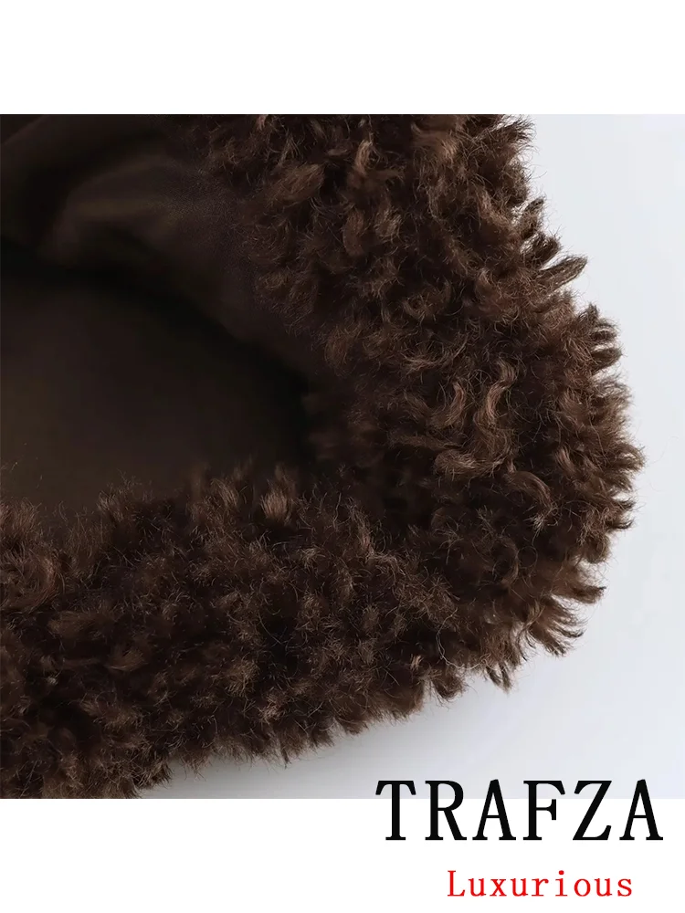 TRAFZA Vintage Casual Chic Women Fur Jackets Solid Single Breasted Hooded Loose Coats New Fashion 2024 Autumn Winter Outwears