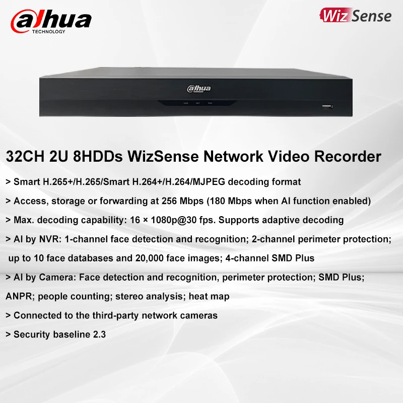 Dahua NVR4832-EI 8HDDs 32 Channels Network Video Recorder WizSense SATA Camera System Supports 4K SMDplus Quick Pick ANPR CCTV