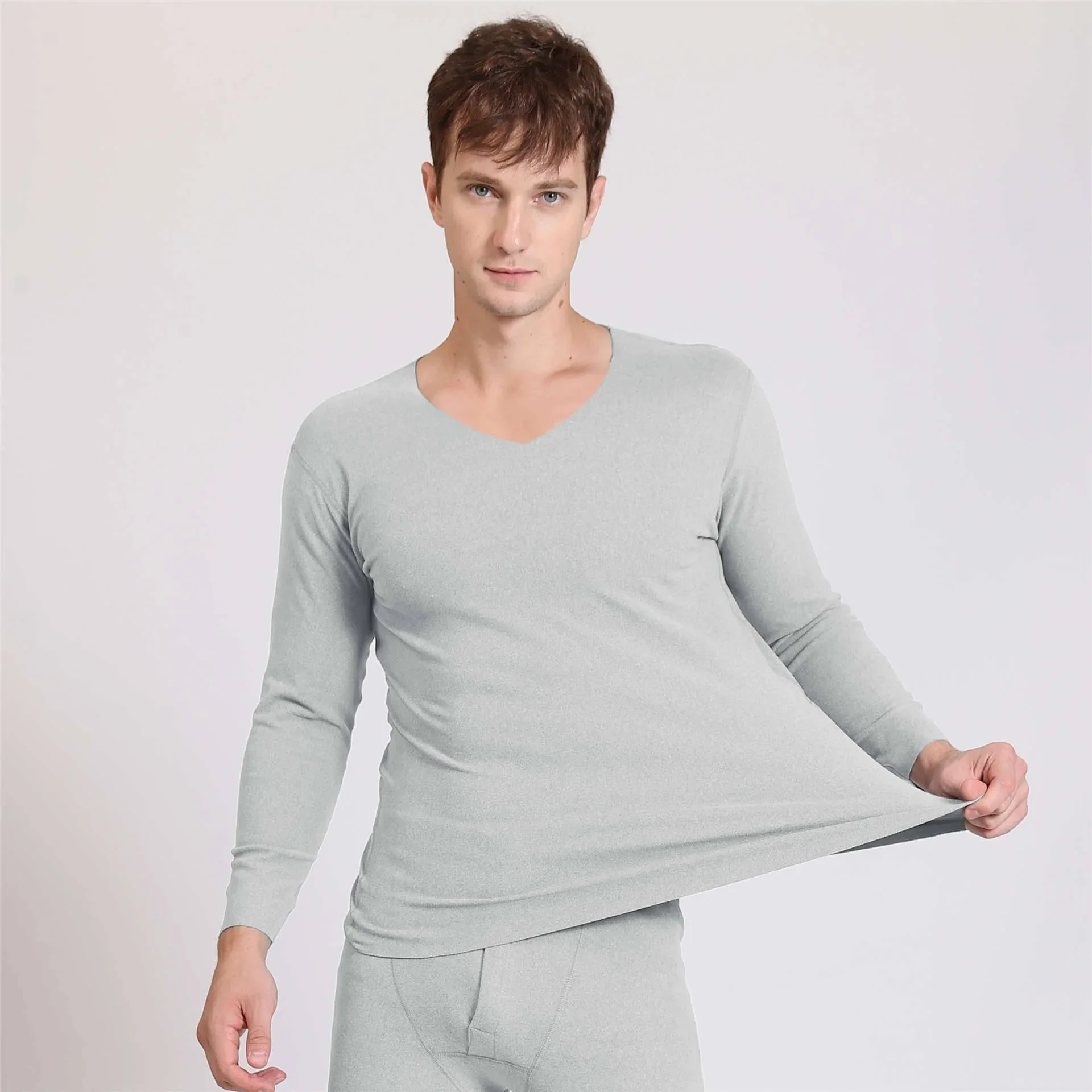 1pcs Autumn Winter Seamless Men\'s Long-sleeved Thermal Underwear Man Plus Size V-neck Thin velvet Autumn clothes Tops XL-7XL