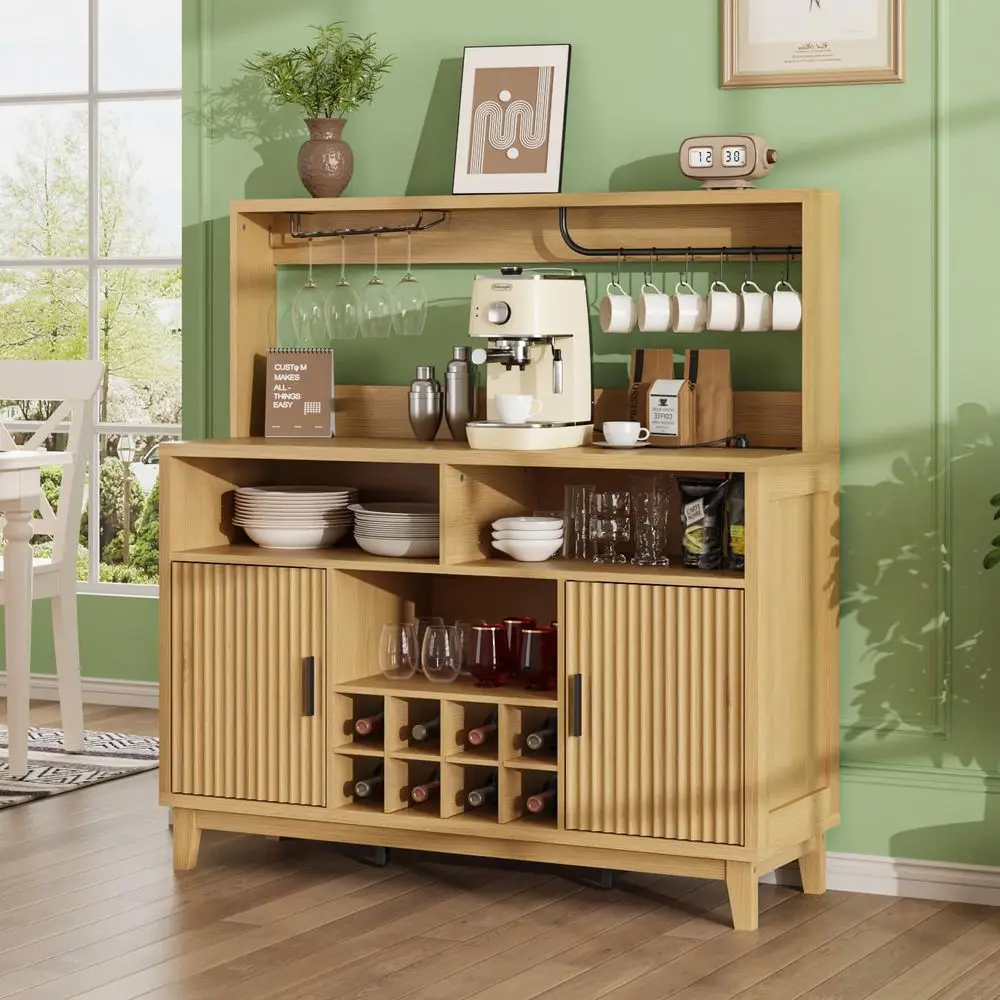 

Fluted Buffet Cabinet with Storage, Modern Coffee Bar Cabinet with Outlet, Removable Wine Rack, MultiFunctional Accent Liquor C