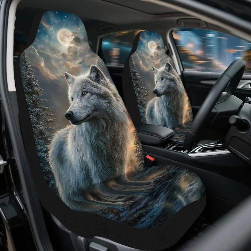Set Of 2, Moonlit White Wolf Design Car Seat Covers – Complete Set Of Premium, Long-Lasting Front Seat Protectors, Universally C