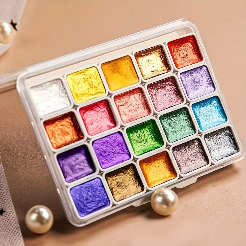 20-color metallic watercolor set, 2024 new portable floral print halo-dye box, pearl gloss solid color watercolor handmade solid